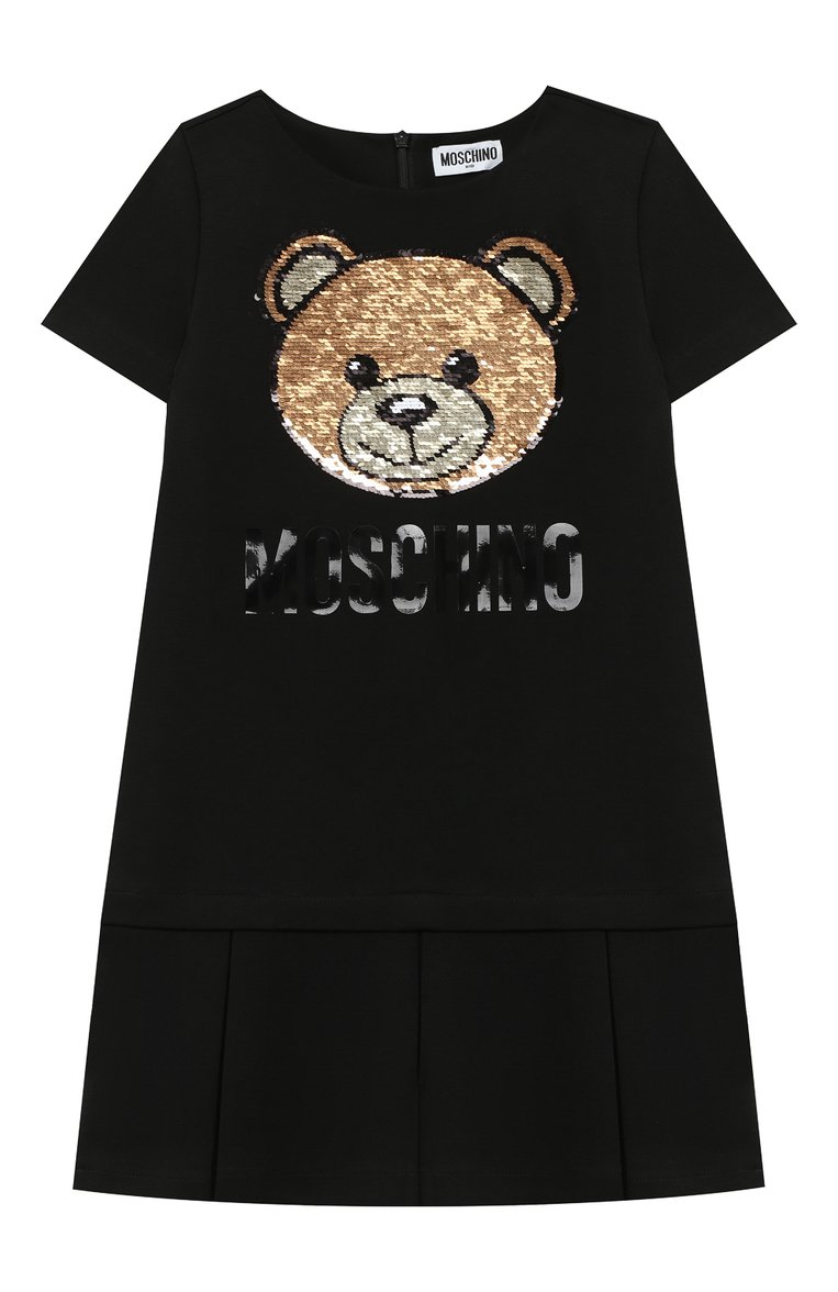 Детское платье MOSCHINO черного цвета, арт. HDV09H/LJA02/4A-8A | Фото 1 (Рукава: Короткие; Случай: Повседневный; Материал внешний: Вискоза; Девочки Кросс-КТ: Платье-одежда; Ростовка одежда: 4 года | 104 см, 5 лет | 110 см, 6 лет | 116 см, 8 лет | 128 см)