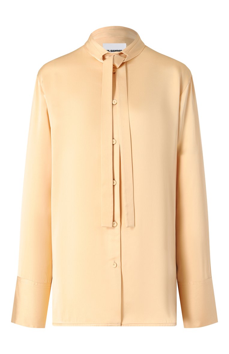 Женская блузка из вискозы JIL SANDER бежевого цвета, арт. J01DL0143-J65022 | Фото 1 (Материал внешний: Вискоза; Рукава: Длинные; Длина (для топов): Удлиненные; Женское Кросс-КТ: Блуза-одежда; Стили: Кэжуэл; Кросс-КТ: костюм; Принт: Без принта; Автоматизация ТО: Проставлено; Автоматизация состава: Проставлено)