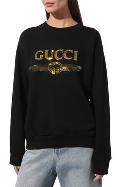 Женский хлопковый свитшот GUCCI черного цвета, арт. 469250 XJASL | Фото 3 (Рукава: Длинные; Длина (для топов): Стандартные; Материал сплава: Проставлено; Материал внешний: Хлопок; Стили: Спорт-шик; Драгоценные камни: Проставлено; Женское Кросс-КТ: Свитшот-одежда)