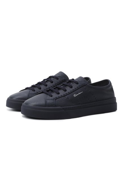 Мужские кожаные кеды SANTONI темно-синего цвета, арт. MBGG220630CNTMIA | Фото 1 (Драгоценные камни: Проставлено; Материал сплава: Проставлено; Материал внутренний: Натуральная кожа; Материал внешний: Натуральная кожа; Подошва: Плоская)