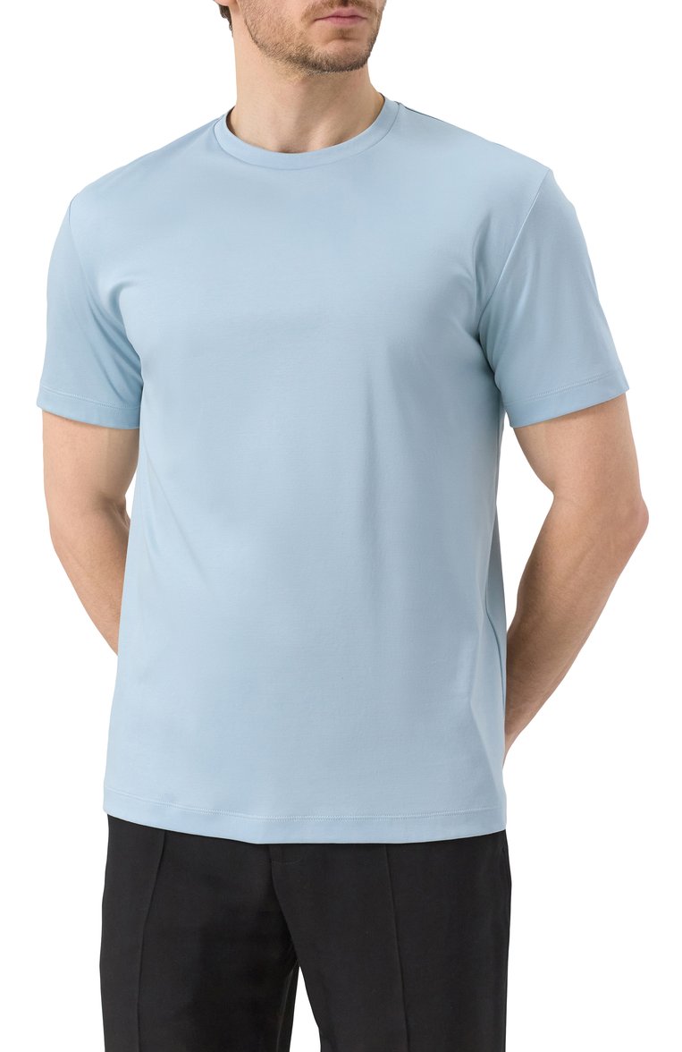 Мужская хлопковая футболка GIORGIO ARMANI голубого цвета, арт. 6LSM90/SJTKZ | Фото 3 (Материал внешний: Хлопок; Длина (для топов): Стандартные; Рукава: Короткие; Принт: Без принта; Стили: Кэжуэл; Кросс-КТ: Джерси; Мужское Кросс-КТ: Футболка-одежда; Автоматизация ТО: Проставлено; Автоматизация состава: Проставлено)