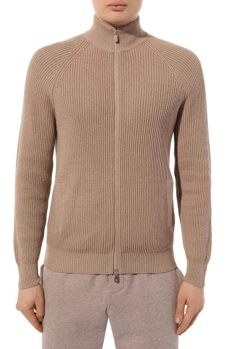 Мужской хлопковый кардиган BRUNELLO CUCINELLI бежевого цвета, арт. M2W70B2306 | Фото 3 (Длина (для топов): Стандартные; Рукава: Длинные; Материал внешний: Хлопок; Мужское Кросс-КТ: Кардиган-одежда; Стили: Кэжуэл; Застежка: Молния)