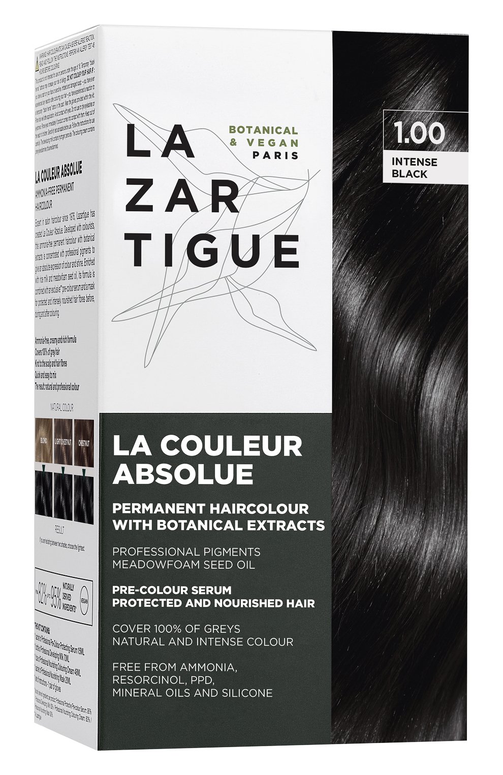 Перманентная безаммиачная краска для волос абсолютный цвет, оттенок интенсивный черный 1.00 (15+70+48+20ml) LAZARTIGUE, арт. 10L01809B, фото 1