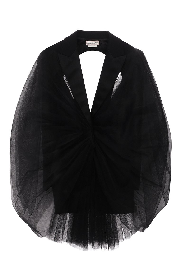 Женский жакет из шерсти и шелка ALEXANDER MCQUEEN черно�го цвета, арт. 657036/QJAAA | Фото 1 (Материал внешний: Шерсть; Материал подклада: Купро; Длина (для топов): Удлиненные; Рукава: Длинные; 1-2-бортные: Однобортные; Стили: Романтичный; Случай: Вечерний; Женское Кросс-КТ: Жакет-одежда)
