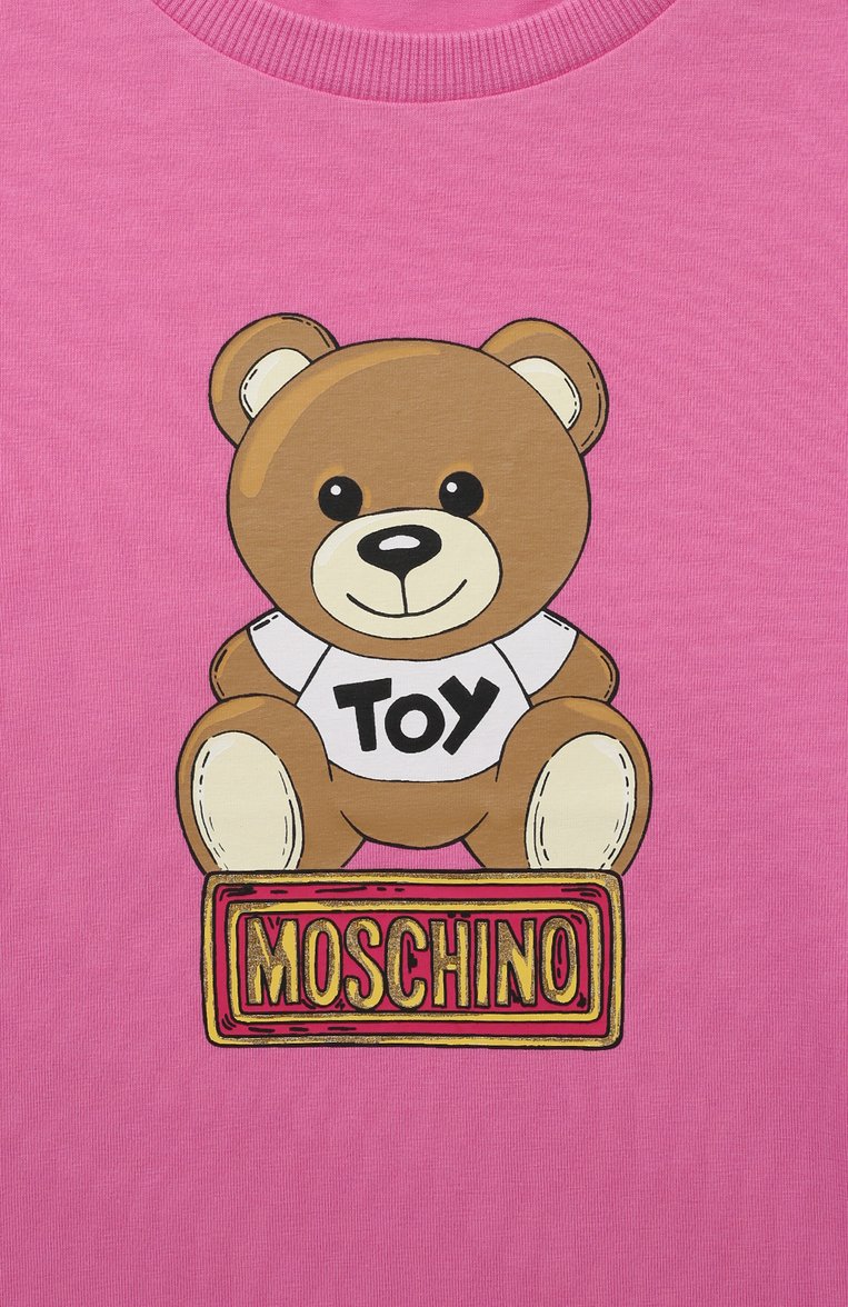 Детская хлопковая футболка MOSCHINO фуксия цвета, арт. HDM055/LBA11/10A-14A | Фото 3 (Драгоценные камни: Проставлено; Рукава: Короткие; Материал сплава: Проставлено; Материал внешний: Хлопок; Девочк�и Кросс-КТ: футболка-одежда)