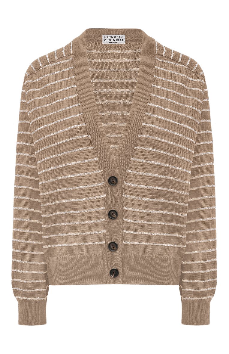Женский хлопковый кардиган BRUNELLO CUCINELLI бежевого цвета, арт. M7876B1330 | Фото 1 (Материал внешний: Хлопок; Длина (для топов): Стандартные; Рукава: Длинные; Женское Кросс-КТ: кардиган-трикотаж; Стили: Кэжуэл; Застежка: Пуговицы)