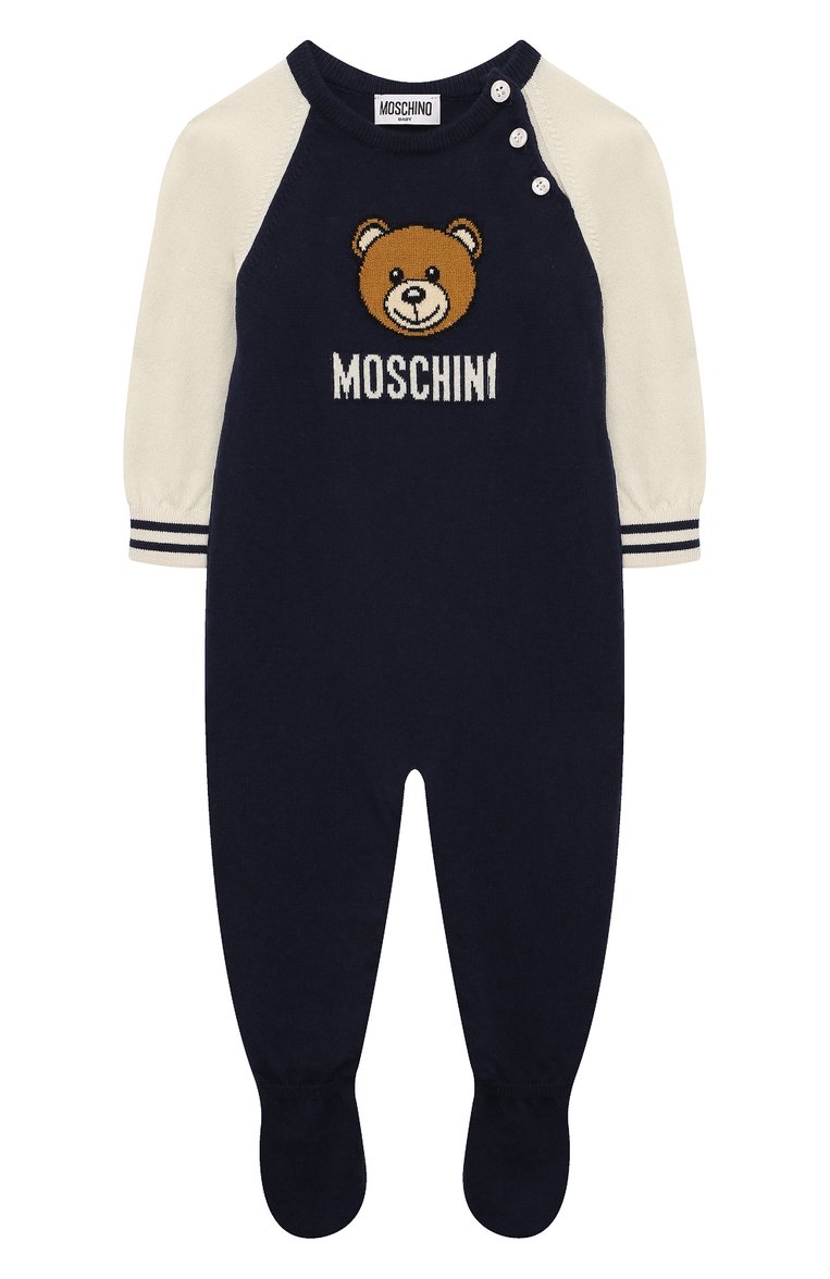 Детский комбинезон из хлопка и шерсти MOSCHINO темно-синего цвета, арт. MUT03Y/LHE43 | Фото 1 (Материал внешний: Хлопок; Нос: Не проставлено; Материал сплава: Проставлено; Ростовка одежда: 6 мес | 68 см, 0 - 3 мес | 50 - 60 см, 12 мес | 80 см, 9 мес | 74 см)