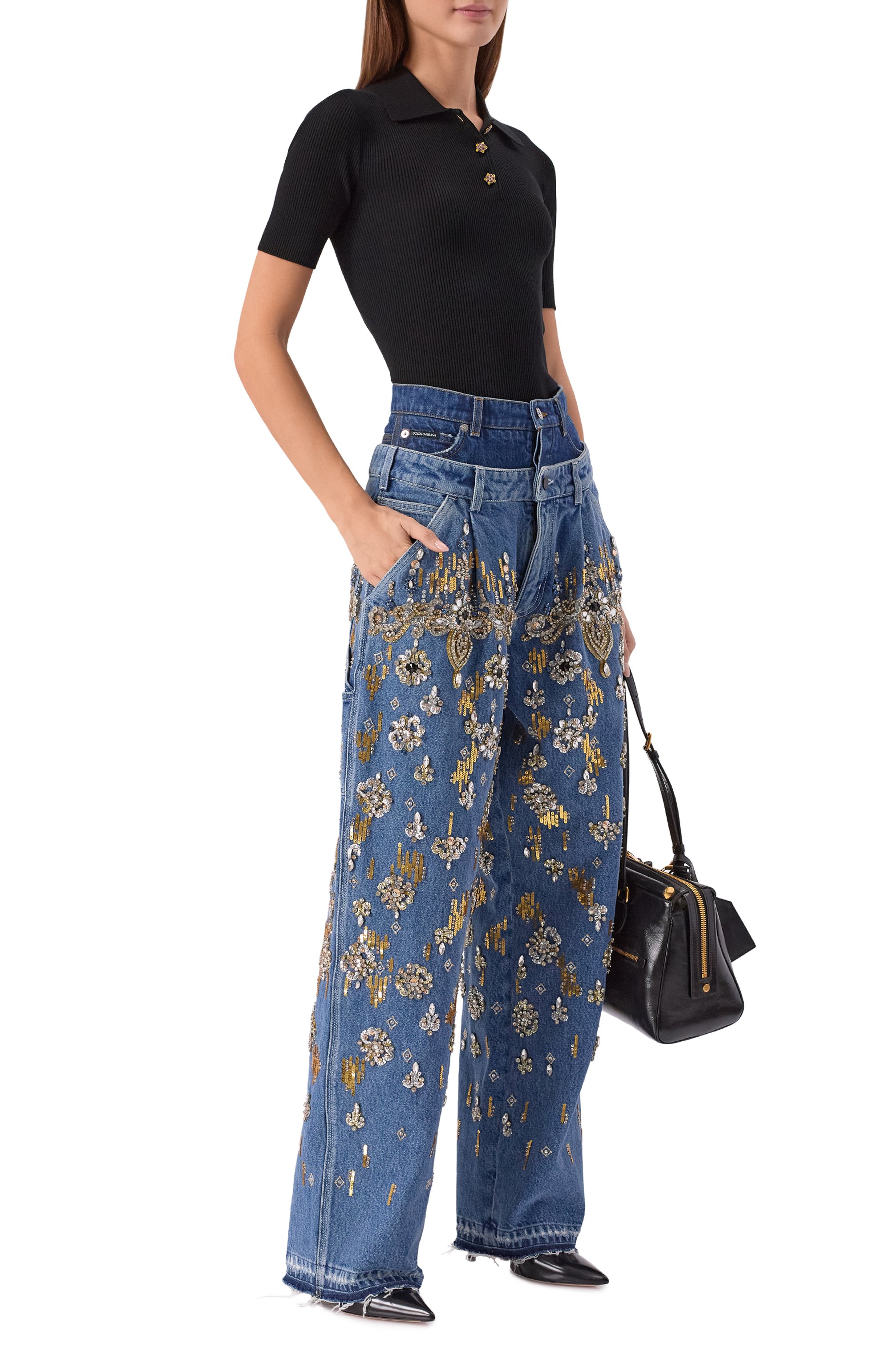 Поло из вискозы DOLCE & GABBANA черного цвета по цене 191500 руб., арт. FXZ16Z/JFMHG, фото 2 Поло из вискозы DOLCE & GABBANA, арт. FXZ16Z/JFMHG, фото 2