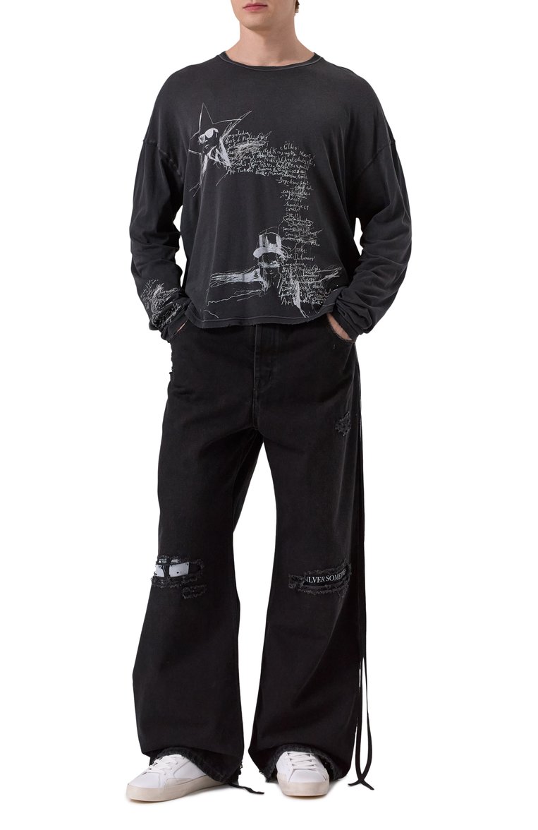 Мужские джинсы ANN DEMEULEMEESTER черного цвета, арт. B0012210/FA632 | Фото 2 (Материал внешний: Хлопок, Деним; Автоматизация ТО: Проставлено; Длина (брюки, джинсы): Стандартные; Автоматизация состава: Проставлено; Стили: Streetwear; Детали: Потертости; Силуэт М (брюки): Широкие; Кросс-КТ: Деним)