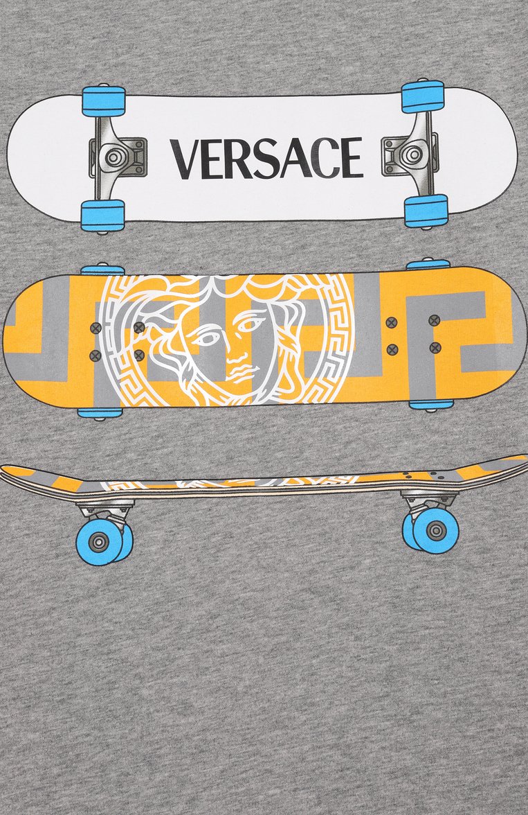 Детская хлопковая футболка VERSACE серого цвета, арт. 1018293/1A13086/8A-14A | Фото 3 (Материал внешний: Хлопок; Рукава: Короткие; Мальчики Кросс-КТ: Футболка-одежда; Ростовка одежда: 16 лет | 164 см, 10 - 11 лет | 140 - 146см, 12 лет | 152 см, 8 лет | 128 см)
