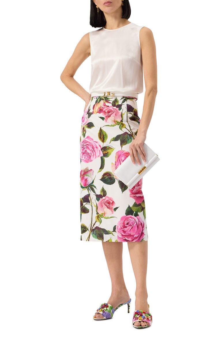 Женская хлопковая юбка DOLCE & GABBANA белого цвета, арт. F4CDFT/HS5S4 | Фото 2 (Драгоценные камни: Проставлено; Длина Ж (юбки, платья, шорты): Миди; Материал сплава: Проставлено; Стили: Романтичный; Женское Кросс-КТ: Юбка-карандаш; Материа�л внешний: Хлопок)