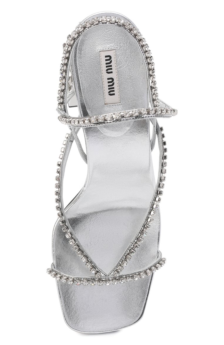 Женские босоножки MIU MIU серебряного цвета, арт. 5X670D-3KS3-F0118-M065 | Фото 6 (Подошва: Плоская; Материал внешний: Текстиль, Экокожа; Каблук высота: Средний; Каблук тип: Устойчивый; Нос: Не проставлено)