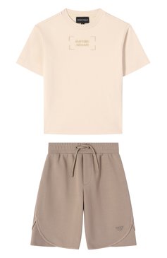 Детского комплект из футболки и шорт EMPORIO ARMANI бежевого цвета, арт. EB000169/AF13218 | Фото 1 (Рукава: Короткие; Мальчики Кросс-КТ: Костюмы-спорт; Материал внешний: Синтетический материал; Автоматизация ТО: Проставлено; Автоматизация состава: Проставлено; Ростовка одежда: 6 лет | 116 см, 13 - 15 лет | 158 см, 10 - 11 лет | 140 - 146см, 16 лет | 164 см, 5 лет | 110 см, 7 лет | 122 см, 8 лет | 128 см, 4 года | 104 см)