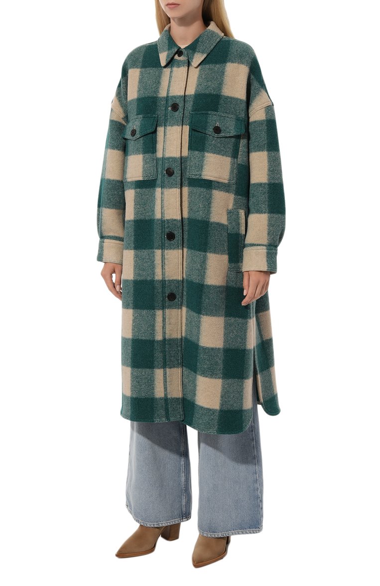 Женское пальто ISABEL MARANT ETOILE зеленого цвета, арт. MA0018FA | Фото 3 (Длина (верхняя одежда): Длинные; 1-2-бортные: Однобортные; Материал внешний: Синтетический материал; Стили: Кэжуэл; Рукава: Длинные; Материал подклада: Хлопок)