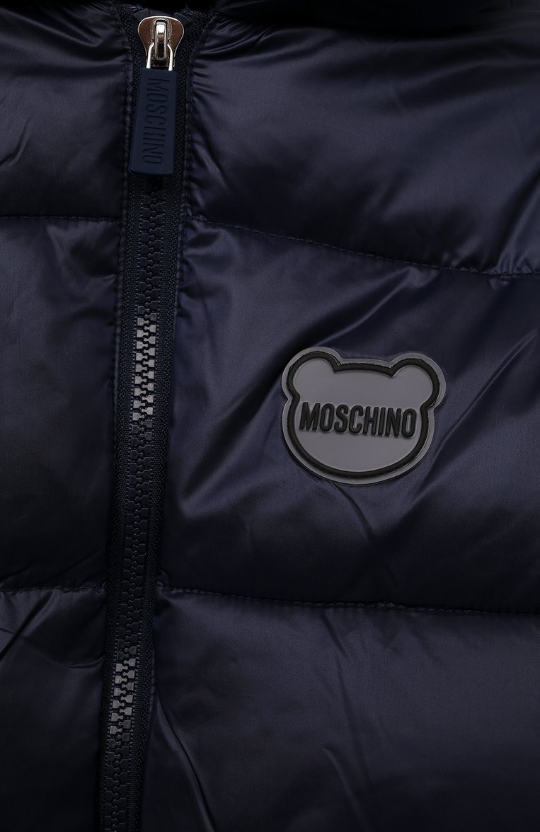 Детского утепленная куртка MOSCHINO темно-синего цвета, арт. MUS02Q/L3A32 | Фото 3 (Нос: Не проставлено; Материал сплава: Проставлено; Материал внешний: Синтетический материал; Материал подклада: Хлопок; Кросс-КТ НВ: Верхняя одежда-одежда; Тематический товар: Teddy Bear)