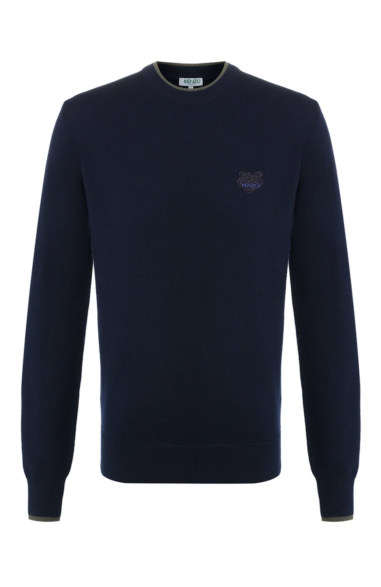 Мужской шерстяной джемпер KENZO темно-синего цвета, арт. F965PU2023AB | Фото 1 (Мужское Кросс-КТ: Джемперы; Рукава: Длинные; Рукава от горловины: Длинные; Длина (для топов): Стандартные; Материал внешний: Шерсть; Статус проверки: Проверено, Проверена категория; Принт: Без принта; Вырез: Круглый; Стили: Кэжуэл)