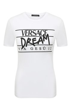 Женская футболка из вискозы VERSACE белого цвета, арт. 1006309/1A007692W020 | Фото 1 (Рукава: Короткие; Региональные ограничения белый список (Axapta Mercury): Не проставлено; Длина (для топов): Стандартные; Принт: С принтом; Материал сплава: Проставлено; Нос: Не проставлено; Стили: Спорт-шик; Ж�енское Кросс-КТ: Футболка-одежда; Материал внешний: Вискоза; Драгоценные камни: Проставлено)