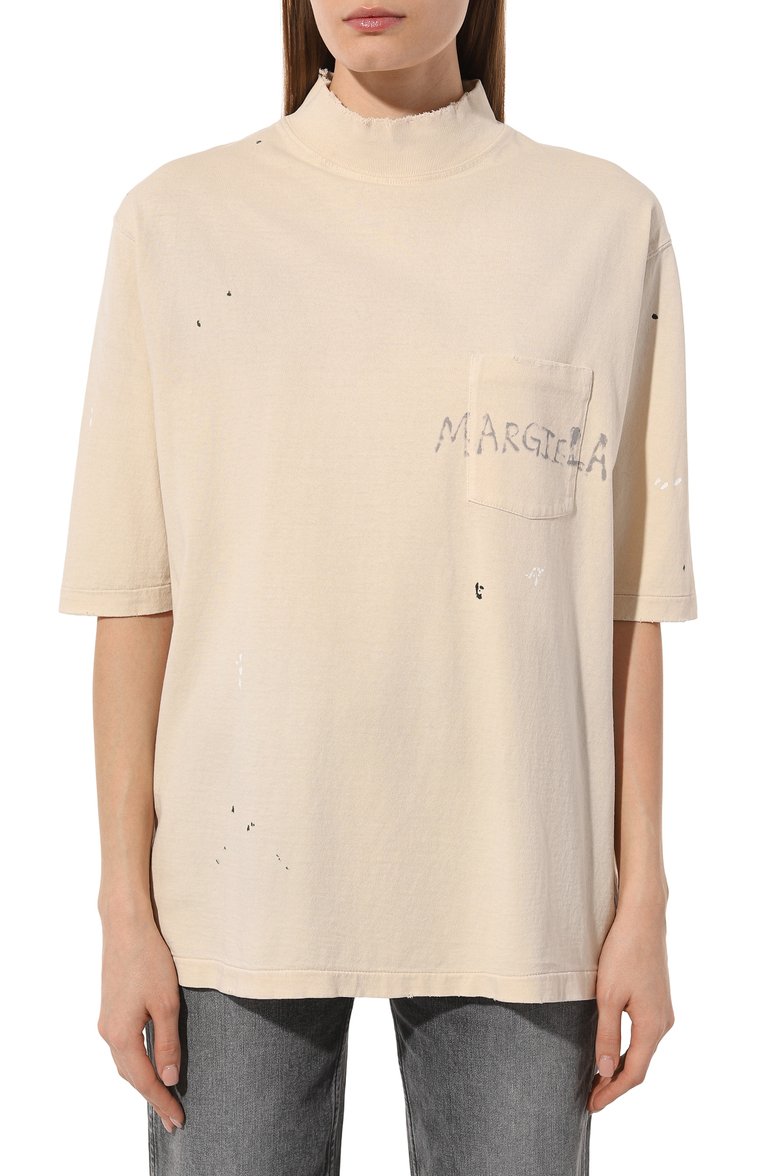 Мужского хлопковая футболка MAISON MARGIELA кремвого цвета, арт. S50GC0695/S24567 | Фото 3 (Региональные ограничения белый список (Axapta Mercury): Не проставлено; Стили: Гранж, Кэжуэл; Принт: С принтом; Нос: Не проставлено; Материал внешний: Хлопок)