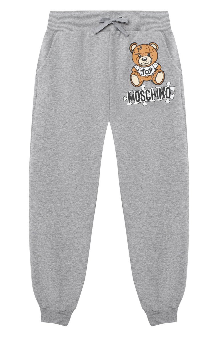 Детские хлопковые джоггеры MOSCHINO серого цвета, арт. HUP040/LDA14/4A-8A | Фото 1 (Материал внешний: Хлопок; Девочки Кросс-КТ: Брюки-одежда, Джоггеры-одежда, Брюки-спорт; Тематический товар: Teddy Bear; Нос: Не проставлено; Ростовка одежда: 5 лет | 110 см, 6 лет | 116 см, 8 лет | 128 см)