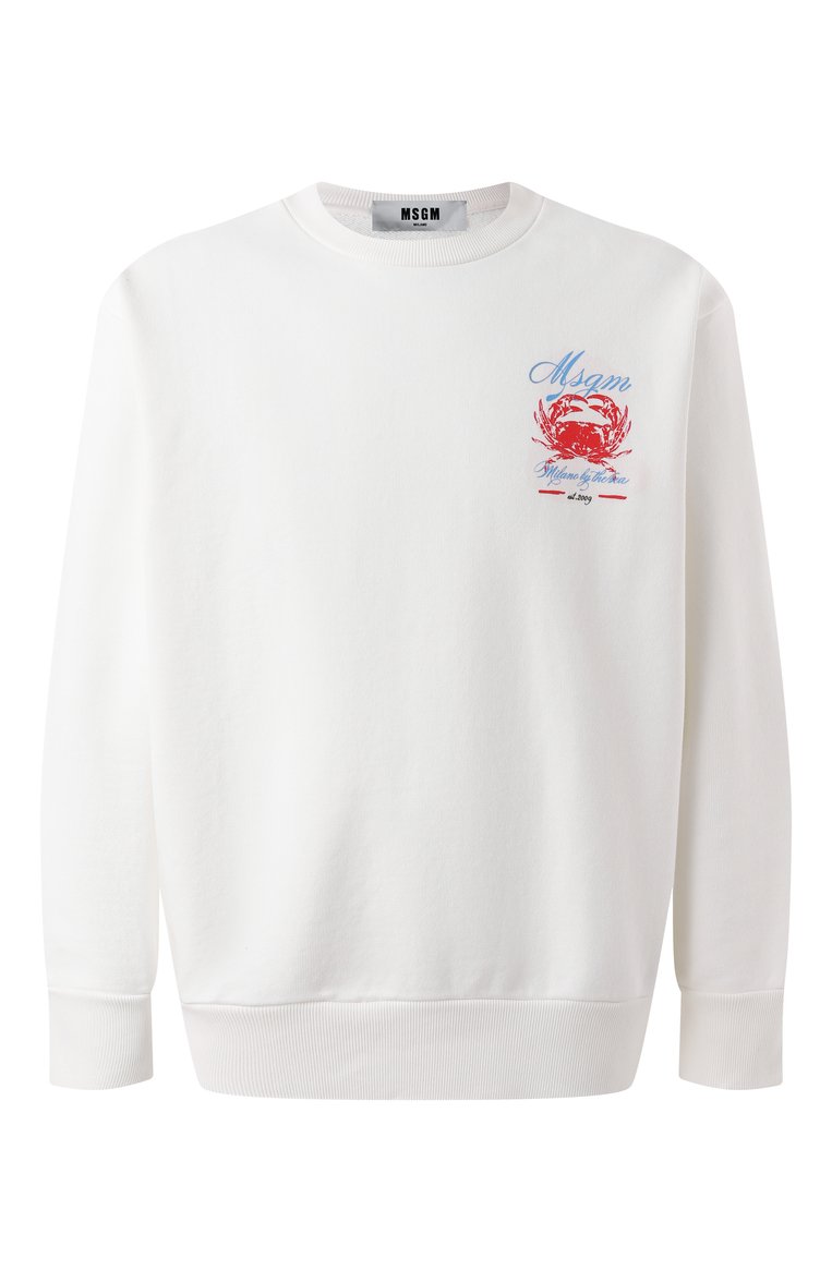Мужской хлопковый свитшот MSGM белого цвета, арт. 3840MM115/257099 | Фото 1 (Рукава: Длинные; Материал сплава: Проставлено; Драгоценные камни: Проставлено; Длина (для топов): Стандартные; Мужское Кросс-КТ: свитшот-�одежда; Стили: Кэжуэл; Принт: С принтом; Материал внешний: Хлопок)