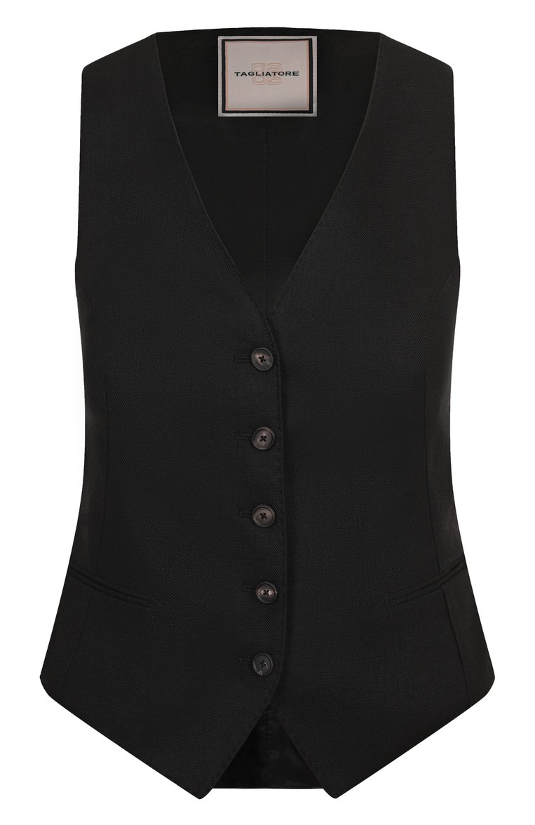 Женский льняной жилет TAGLIATORE 0205 черного цвета, арт. GISELLE/340021 | Фото 1 (Длина (верхняя одежда): Короткие; Материал внешний: Лен; Женское Кросс-КТ: Жилет-одежда; Стили: �Классический)