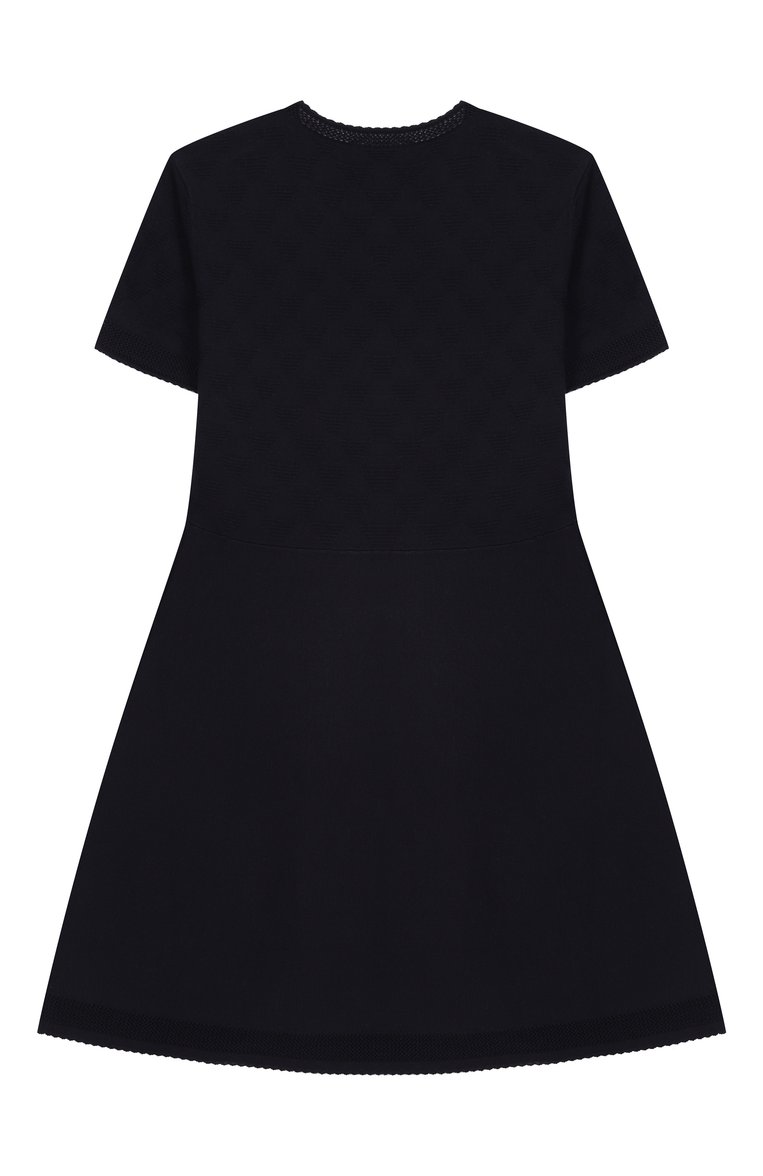 Детское платье из вискозы EMPORIO ARMANI темно-синего цвета, арт. EG000179/AF14111 | Фото 2 (Материал внешний: Вискоза; Рукава: Короткие; Девочки Кросс-КТ: Платье-одежда; Случай: Повседневный; Автоматизация состава: Проставлено; Автоматизация ТО: Проставлено; Ростовка одежда: 4 года | 104 см, 5 лет | 110 см, 6 лет | 116 см, 7 лет | 122 см, 8 лет | 128 см, 10 - 11 лет | 140 - 146см, 13 - 15 лет | 158 см, 16 лет | 164 см)