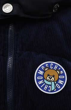 Детская утепленная куртка из вельвета MOSCHINO синего цвета, арт. HUS044/LWA04/4A-8A | Фото 3 (Рукава: Длинные; Драгоценные камни: Проставлено; Материал подклада: Вискоза; Материал внешний: Хлопок; Материал сплава: Проставлено)