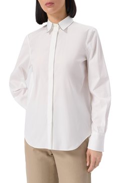 Женская хлопковая рубашка BRUNELLO CUCINELLI белого цвета, арт. M0091MA606 | Фото 3 (Длина (для топов): Стандартные; Рукава: Длинные; Материал внешний: Хлопок; Принт: Без принта; Женское Кросс-КТ: Рубашка-одежда; Стили: Классический)