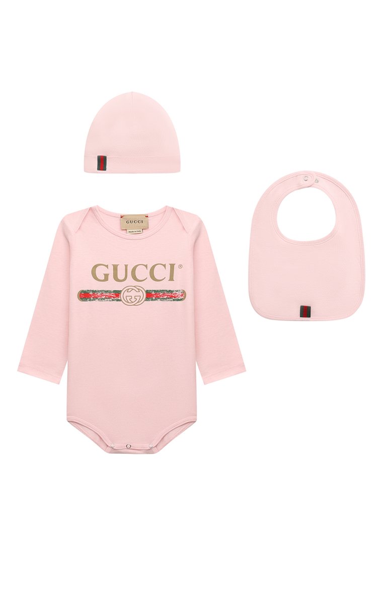 Детское комплект из трех предметов GUCCI розового цвета, арт. 520825/X9U05/9-12M | Фото 1 (Материал внешний: Хлопок; Нос: Не проставлено)