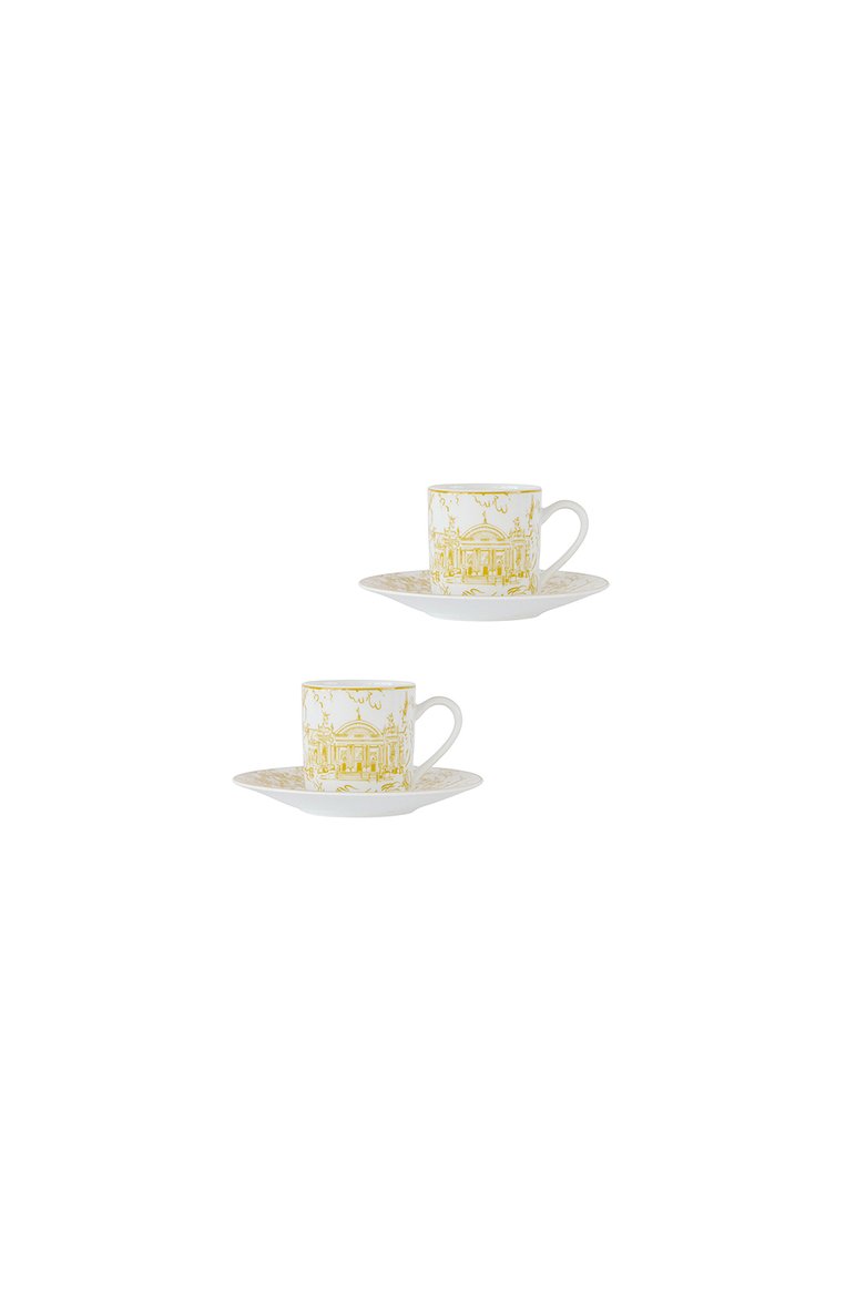 Набор из 2-х кофейных чашек с блюдцами tout paris BERNARDAUD желтого цвета, арт. 1980/21957 | Фото 1 (Региональные ограничения белый список (Axapta Mercury): Не проставлено; Нос: Не проставлено; Ограничения доставки: fragile-2)