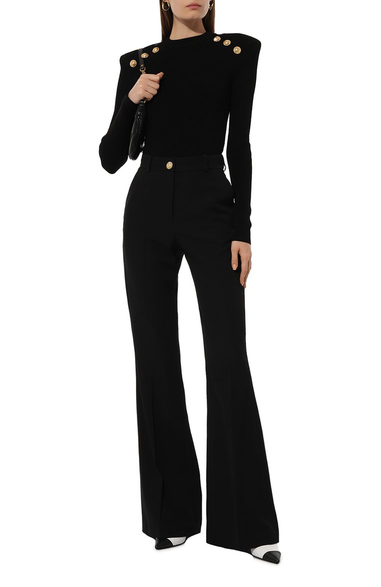 Женские шерстяные брюки BALMAIN черного цвета, арт. DF1P0104/WC09 | Фото 2 (Драгоценные камни: Проставлено; Длина (брюки, джинсы): Удлиненные; Материал внешний: Шерсть; Материал сплава: Проставлено; Силуэт Ж (брюки и джинсы): Расклешенные; Стили: Кэжуэл; Женское Кросс-КТ: Брюки-одежда)