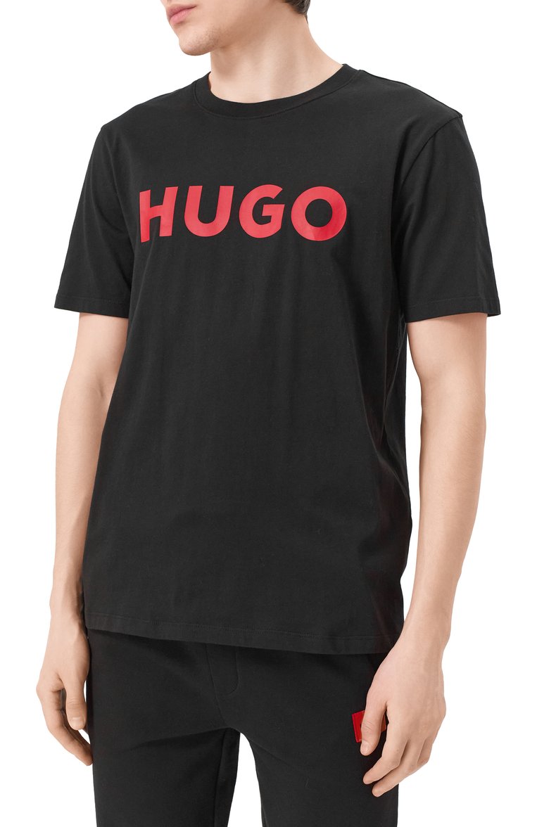 Мужская хлопковая футболка HUGO черного цвета, арт. 50467556 | Фото 3 (Материал внешний: Хлопок; Длина (для топов): Стандартные; Рукава: Короткие; Принт: С принтом; Стили: Кэжуэл; Кросс-КТ: Джерси; Мужское Кросс-КТ: Футболка-одежда)
