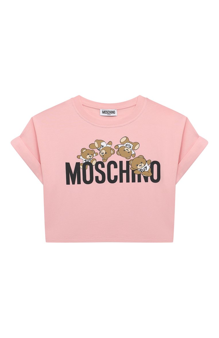 Детская хлопковая футболка MOSCHINO светло-розового цвета, арт. HDM068/LBA00/10-14 | Фото 1 (Девочки Кросс-КТ: футболка-одежда; Рукава: Короткие; Материал сплава: Проставлено; Материал внешний: Хлопок; Драгоценные камни: Проставлено; Ростовка одежда: 10 - 11 лет | 140 - 146см, 12 лет | 152 см, 16 лет | 164 см)