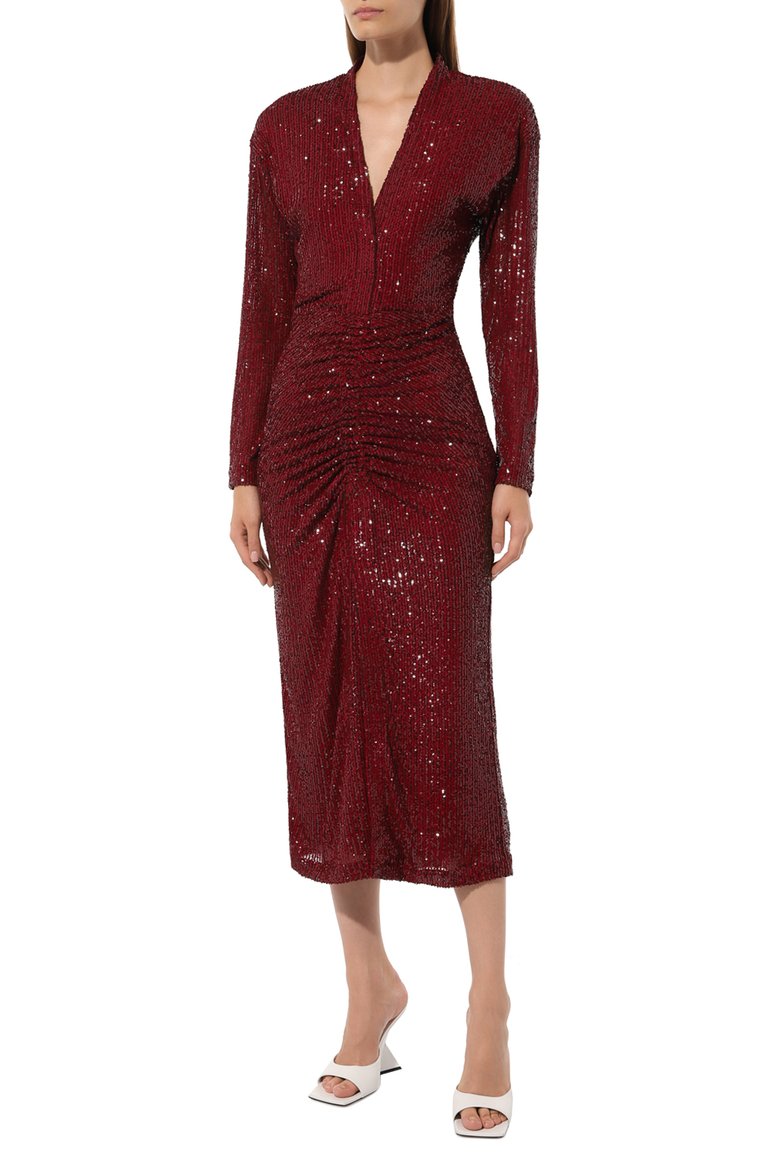 Женское платье с отделкой пайетками IN THE MOOD FOR LOVE бордового цвета, арт. PF2400100012 | Фото 3 (Рукава: Длинные; Длина Ж (юбки, платья, шорты): Миди; Материал внешний: Синтетический материал; Случай: Вечерний; Женское Кросс-КТ: Платье-одежда; Стили: Гламурный)