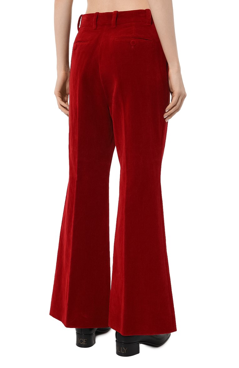 Женские бархатные брюки GUCCI красного цвета, арт. 616539 Z328H | Фото 4 (Стили: Гламурный; Материал внешний: Хлопок, Лен; Длина (брюки, джинсы): Стандартные; Женское Кросс-КТ: Брюки-одежда; Силуэт Ж (брюки и джинсы): Расклешенные; Драгоценные камни: Проставлено; Материал сплава: Проставлено)