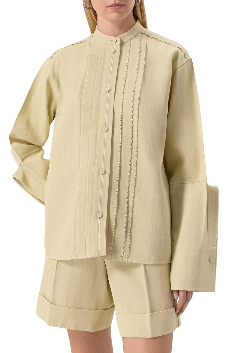Женская рубашка из вискозы и шелка JIL SANDER зеленого цвета, арт. J02DL0231-J65005 | Фото 3 (Автоматизация состава: Проставлено; Материал внешний: Шелк, Вискоза; Рукава: Длинные; Длина (для топов): Стандартные; Автоматизация ТО: Проставлено; Кросс-КТ: костюм; Женское Кросс-КТ: Рубашка-одежда; Принт: Без принта; Стили: Классический; Детали: Декор)