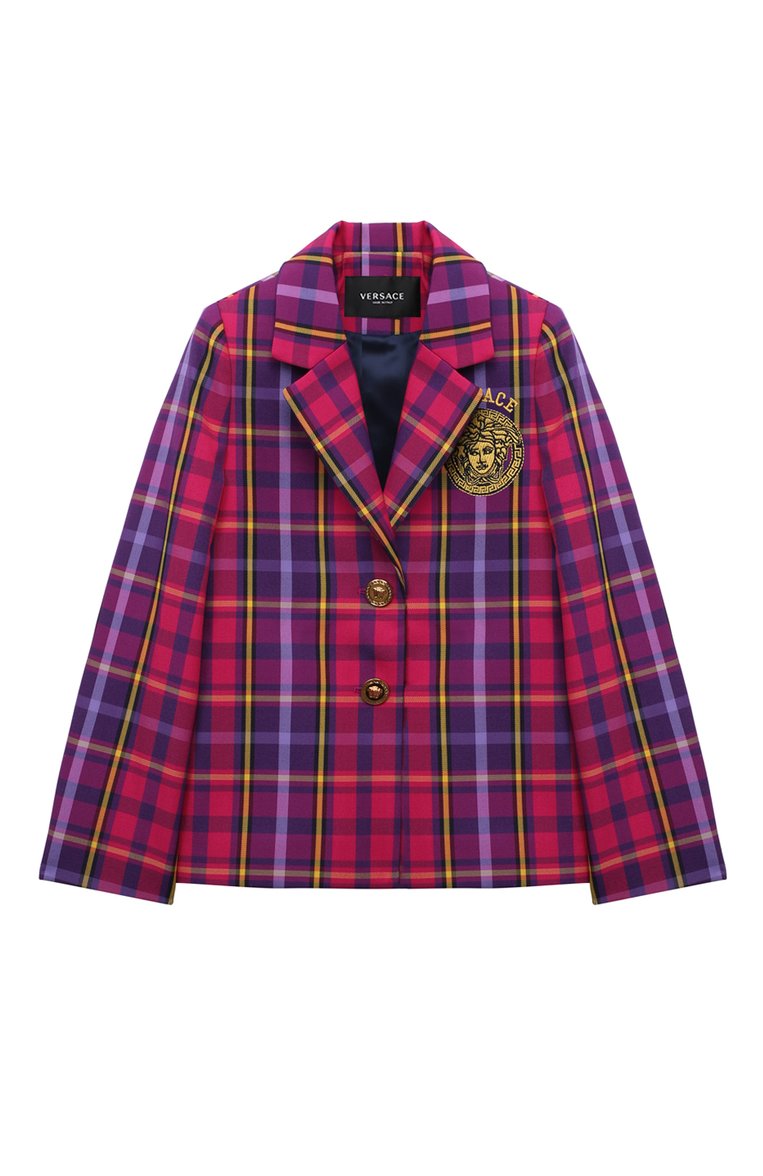 Детский жакет VERSACE фиолетового цвета, арт. 1003715/1A07578/4A-6A | Фото 1 (Материал внешний: Синтетический материал, Хлопок; Рукава: Длинные; Материал подклада: Купро; Девочки Кросс-КТ: Жакет-одежда)