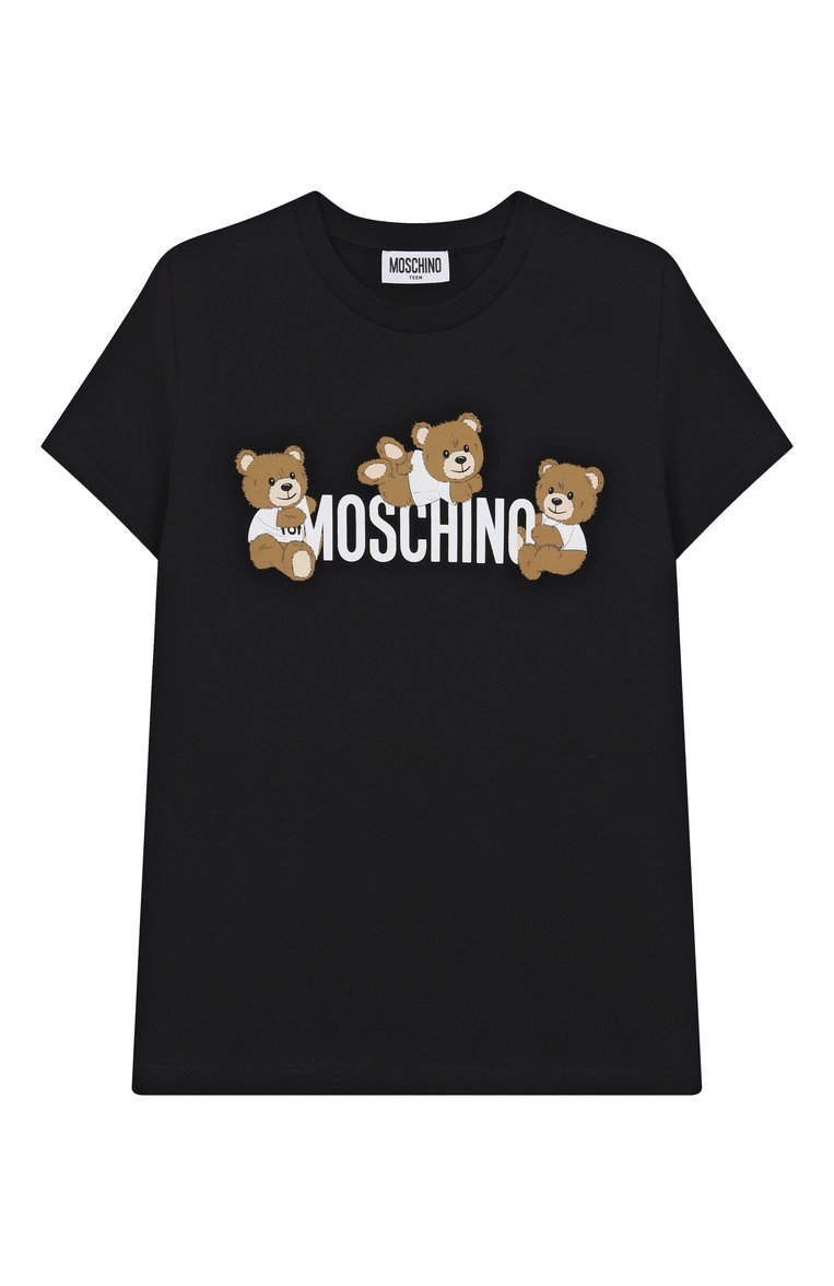 Мужского хлопковая футболка MOSCHINO черного цвета, арт. HUM059/LAA23/10-14 | Фото 1 (Материал внешний: Хлопок; Нос: Не проставлено; Девочки Кросс-КТ: футболка-одежда; Мальчики Кросс-КТ: Футболка-одежда; Региональные ограничения белый список (Axapta Mercury): Не проставлено; Ростовка одежда: 10 - 11 лет | 140 - 146см, 12 лет | 152 см)