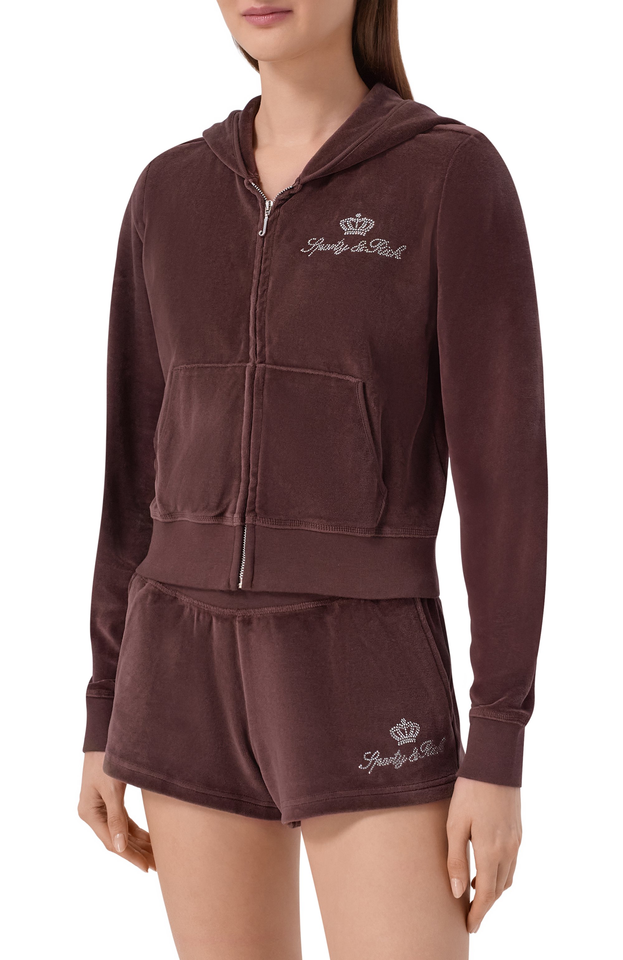 Хлопковая толстовка SPORTY AND RICH коричневого цвета по цене 38600 руб., арт. CA046716689BR03/JUICY SCRIPT VEL0UR ZIP H00DIE, фото 3 Хлопковая толстовка SPORTY AND RICH, арт. CA046716689BR03/JUICY SCRIPT VEL0UR ZIP H00DIE, фото 3