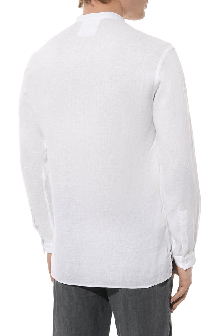 Мужская льняная рубашка GIORGIO ARMANI белого цвета, арт. 4SGCC0A5/T04TB | Фото 4 (Рукава: Длинные; Длина (для топов): Стандартные; Материал внешний: Лен; Манжеты: На пуговицах; Случай: Повседневный; Стили: Кэжуэл; Принт: Однотонные; Автоматизация состава: Проставлено; Автоматизация ТО: Проставлено; Детали: Без декора; Воротник: Стойка)