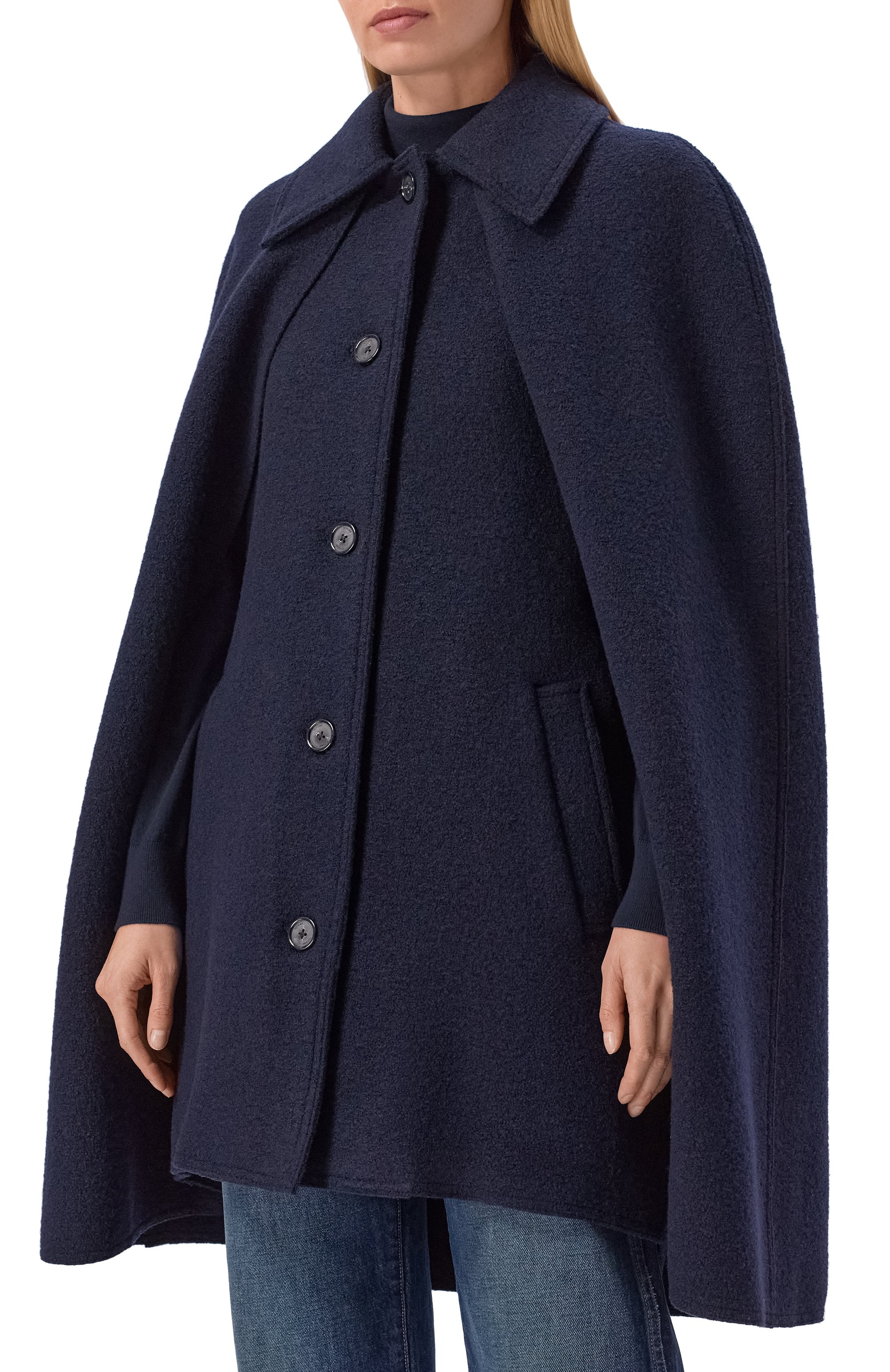 Шерстяной кейп TOTEME темно-синего цвета по цене 141500 руб., арт. 261-WR00265-FB0549, фото 3 Шерстяной кейп TOTEME, арт. 261-WR00265-FB0549, фото 3