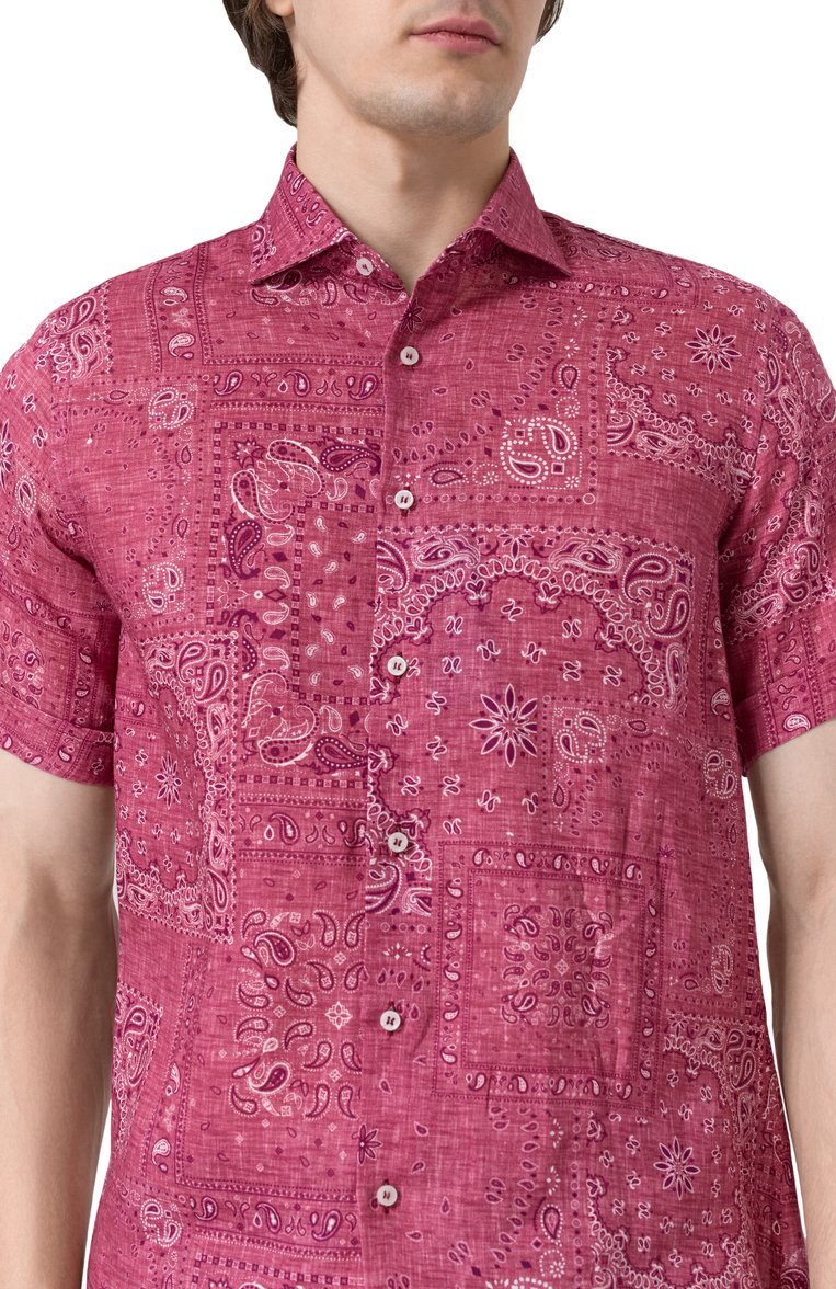 Мужская льняная рубашка FEFE` малинового цвета, арт. LINEN SHIRT (SH0RT SLEVES)/CLX082VAR09 | Фото 5 (Рукава: Короткие; Материал внешний: Лен; Длина (для топов): Стандартные; Случай: Повседневный; Принт: С принтом; Стили: Кэжуэл; Воротник: Кент)
