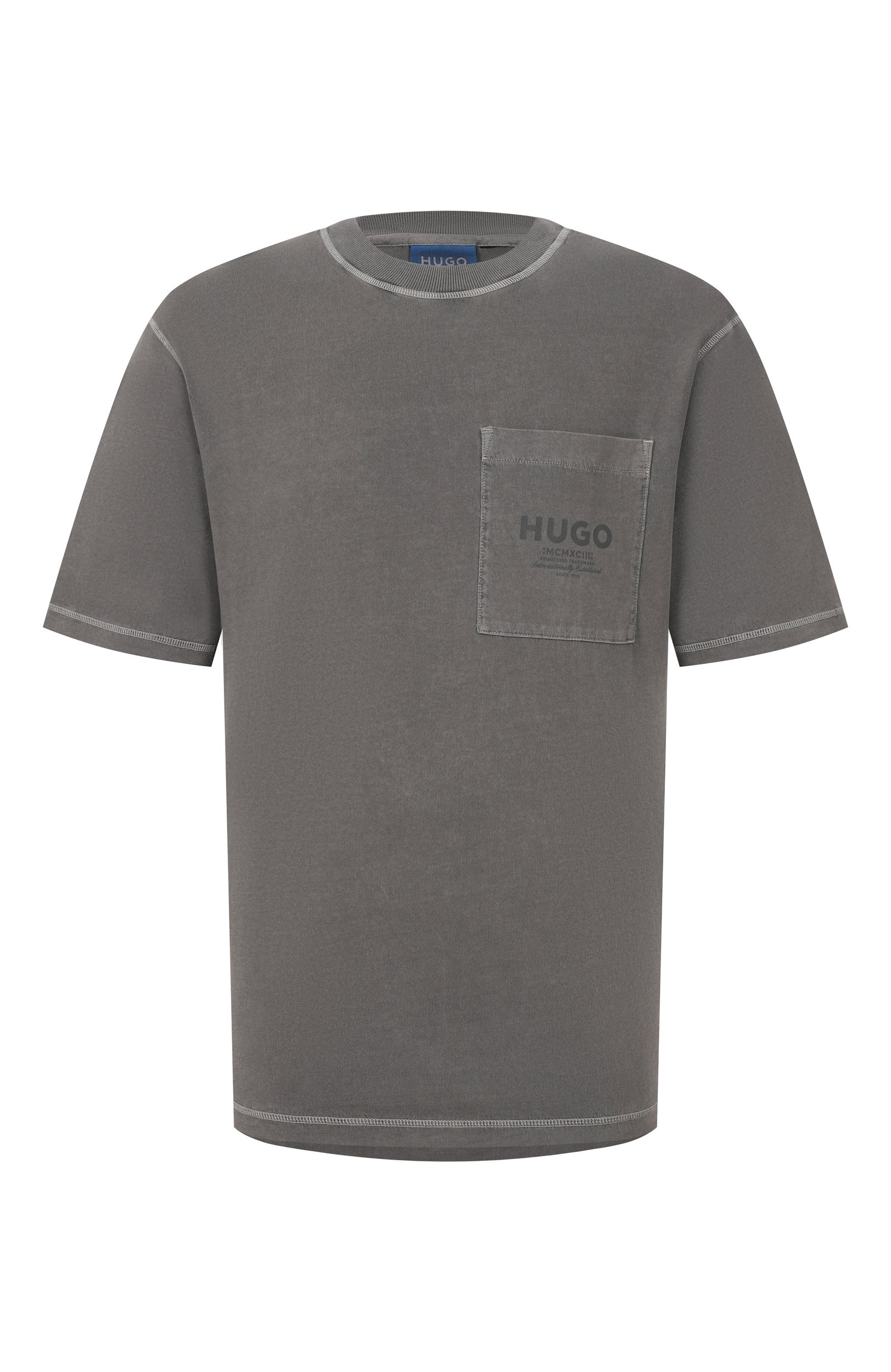 Хлопковая футболка HUGO BLUE темно-серого цвета по цене 8995 руб., арт. 50567896, фото 1 Хлопковая футболка HUGO BLUE, арт. 50567896, фото 1