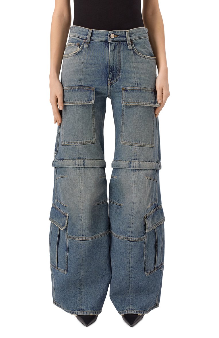 Женские джинсы-карго BALENCIAGA голубого цвета, арт. 783694/THW25 | Фото 3 (Длина (брюки, джинсы): Удлиненные; Материал внешний: Хлопок, Деним; Кросс-КТ: Деним; Детали: Делаве, Накладные карманы; Силуэт Ж (брюки и джинсы): Расклешенные; Стили: Гранж)