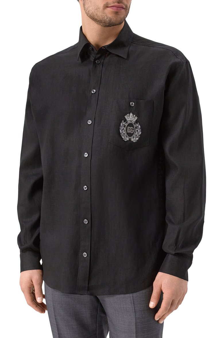 Мужская льняная рубашка DOLCE & GABBANA черного цвета, арт. G5MS2Z/FU4IK | Фото 3 (Длина (для топов): Стандартные; Материал внешний: Лен; Рукава: Длинные; Случай: Повседневный; Воротник: Кент; Принт: Однотонные; Манжеты: На пуговицах; Стили: Кэжуэл; Автоматизация ТО: Проставлено; Автоматизация состава: Проставлено; Размерность: Идёт в размер; Детали: Декор)