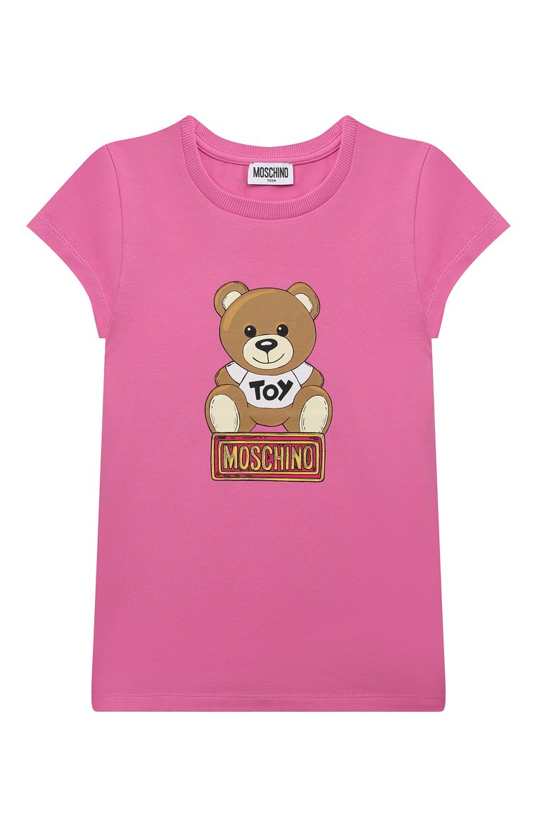 Детская хлопковая футболка MOSCHINO фуксия цвета, арт. HDM055/LBA11/10A-14A | Фото 1 (Драгоценные камни: Проставлено; Рукава: Короткие; Материал сплава: Проставлено; Материал внешний: Хлопок; Девочки Кросс-КТ: футболка-одежда)