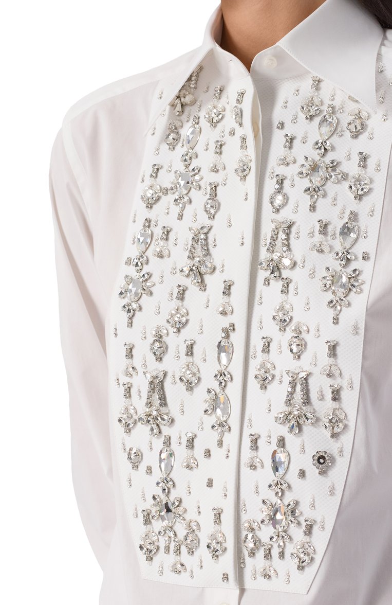 Женская хлопковая рубашка DOLCE & GABBANA белого цвета, арт. F5T16Z/FU5T9 | Фото 5 (Материал внешний: Хлопок; Рукава: Длинные; Длина (для топов): Удлиненные; Женское Кросс-КТ: Рубашка-одежда; Принт: Без принта; Стили: Классический; Автоматизация состава: Проставлено; Автоматизация ТО: Проставлено; Размерность: Идёт в размер; Re-sync: On; Детали: Декор)