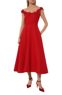 Женское платье из шерсти и шелка VALENTINO красного цвета, арт. 5B3VA9G51CF | Фото 2 (Материал внешний: Шерсть, Шелк; Материал сплава: Проставлено; Драгоценные камни: Проставлено; Длина Ж (юбки, платья, шорты): Миди; Женское Кросс-КТ: Платье-одежда; Стили: Романтичный; Рукава: На бретелях; Случай: Вечерний)