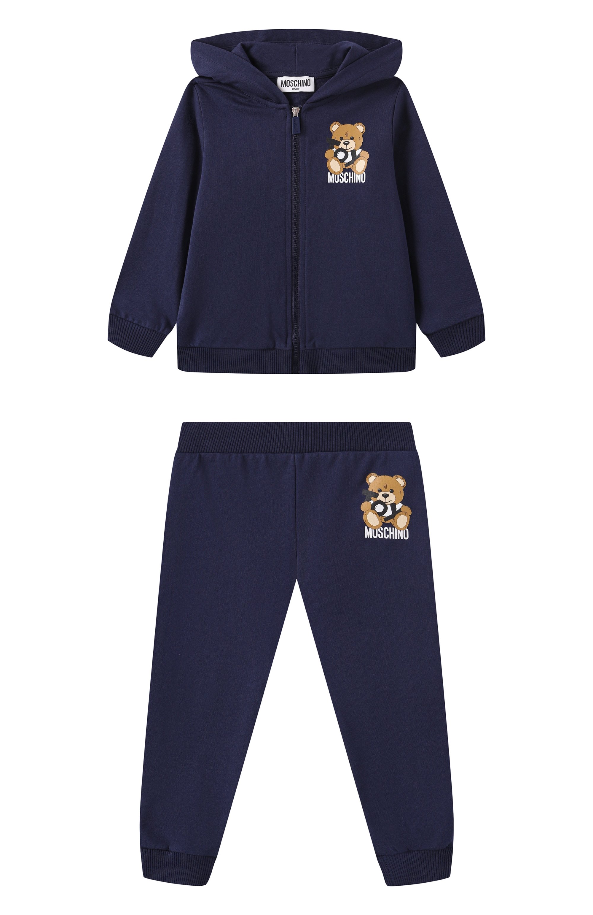 Комплект из толстовки и брюк MOSCHINO темно-синего цвета по цене 19750 руб., арт. MMK04R/LCA19, фото 1 Комплект из толстовки и брюк MOSCHINO, арт. MMK04R/LCA19, фото 1