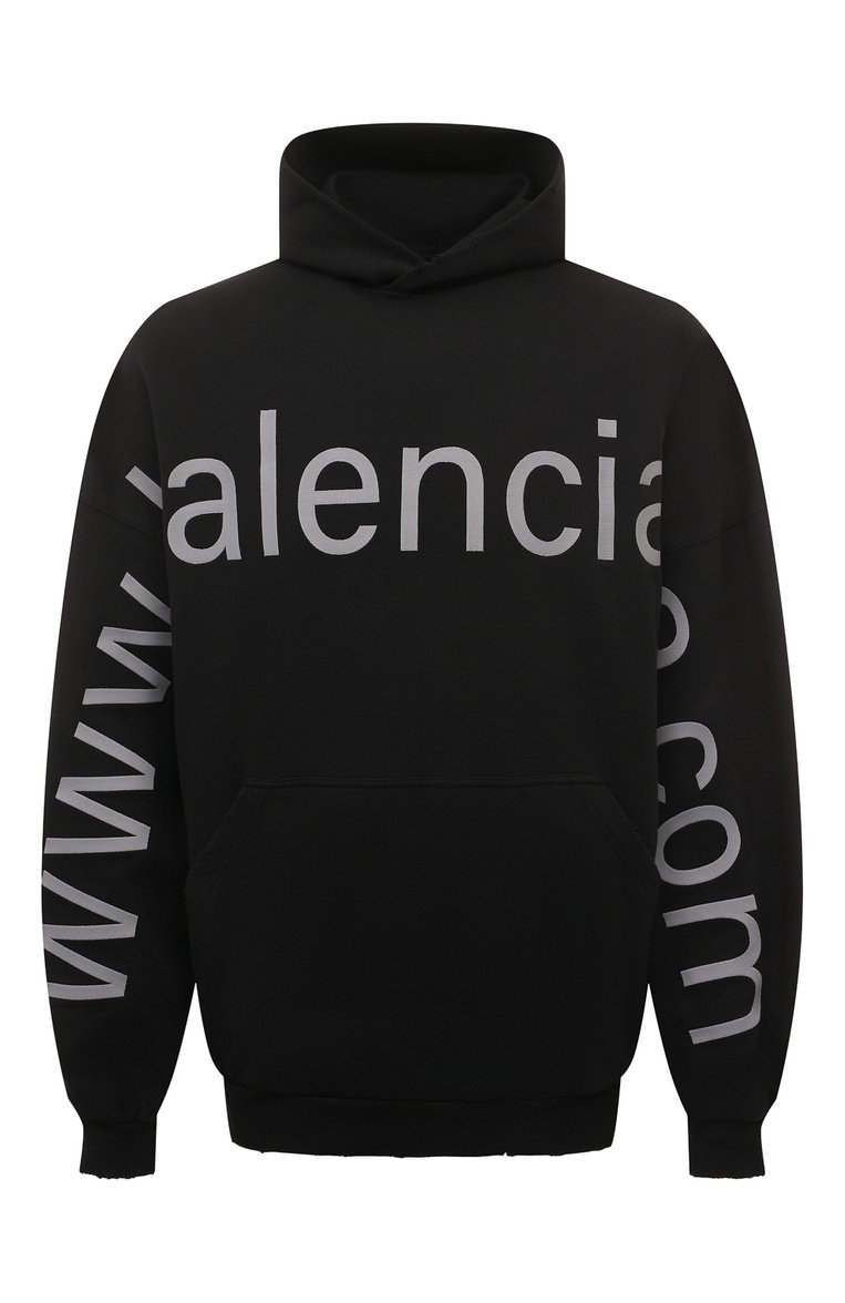 Мужской хлопковое худи BALENCIAGA черного цвета, арт. 739024/T0VN9 | Фото 1 (Рукава: Длинные; Длина (для топов): Стандартные; Материал внешний: Хлопок; Мужское Кросс-КТ: Худи-одежда; Стили: Гранж; Принт: С принтом)